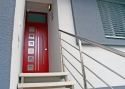 ADLO - exterior Termo door Kasim, door surface RAL3001, glass, top skylight, vertical door pull, oval